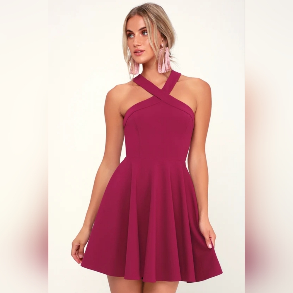 Lulus The Way You Look Tonight Magenta Halter Skater Dress size medium